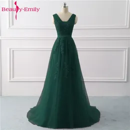 Beauty-Emily V-Neck Długie Suknie Wieczorowe 2020 dla Kobiet Lace Up Powrót Suknia Wieczorowa Tulle Bez Rękawów Plisowana sukienka Plus Size LJ201124