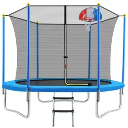 8FT Trampoline for Kids with Safety Enclosure Net, Basketball Hoop and Ladder, Easy Assembly Round Outdoor Recreational Trampoline US a14