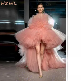 Coral Tiered High Low Prom Dresses Puffy Ruffles Strapless 2021 Summer Runway Fashion Evening Gowns Girls Pageant Formal Wear