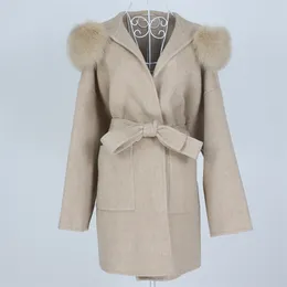 OFTBUY Yeni Boy Gevşek Kaşmir Yün Karışımları Gerçek Kürk Kış Ceket Kadın Doğal Fox Kürk Yaka Hood Giyim Kemer 201210