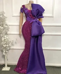 Purple Sequined Evening Dresses with big bow Scoop Neck shiny Lace Appliqued Beaded mermaid Prom Gowns robe de soirée de mariag