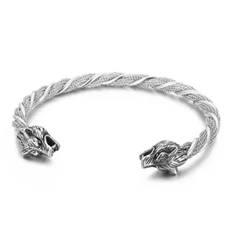 Fashion Double Wolf Head Punk Stainless Steel Men's Twist Wire Chain Cuff Bracelet Bangle 5*65mm Silver