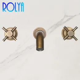 ROLYA New Arrival Luxurious Solid Brass Three Holes Dual Handles Wall Mounted Antique Bathroom Sink Faucets Mixer Tap