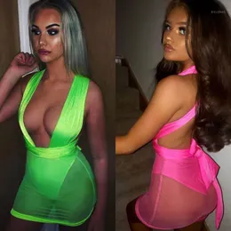Dorywczo Dresses Omsj 2021 Neon Green Elegancki Seksowny Klub Party Kobiety Bez Ramiączek Bez Rękawów Bandaż Sukienka Lato Lace Up Mini