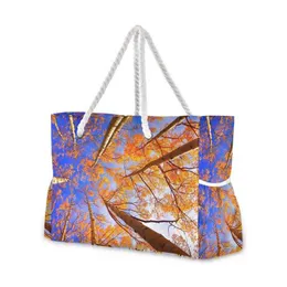 Shoppingkassar Nya Mode Kvinnor Stor kapacitet Bohemian Axelväska Maple Leaf Print Beach Bag Fritid Bomull Rope Handväska Dropshipping 220310