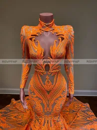 Sparkly Orange Long Prom Dresses High Neck Sleeve High Neck Sexiga African Women Black Girls Mermaid Sequin Prom Crows