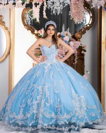 Vestidos de XV Años Sky Blue Quinceanera Suknie Sweetheart Glitter Cekiny Aplikacja Balowa Suknia Party Dresses Pufy Spódnica Słodka 16 Dress