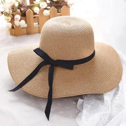 Summer Słomy Kobiety Big Wide Brim Beach Solbe Sun Block UV Protection Panama Hat Bone Chapeu Feminino Y200602
