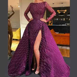 Nowe Purple Prom Dresses z odpinanym pociągu Długie rękawy Side Split Overskirt Suknie Wieczorowe Formalna sukienka