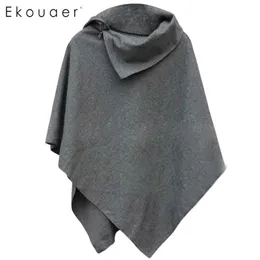 Ekouaer Women Fashion Poncho Cape Asymmetric Hem Cloak Pure Color Leisure Wool Blend Outwear Female Streetwear Clothes 201210