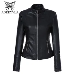 Aorryvla Plus Size Casaco de Couro Mulheres Mandarim Collar Zipper Preto Faux Jaqueta De Couro Estilo Slim Outono Outono Outwear 201226