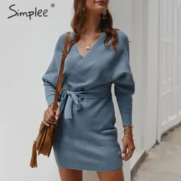 Simplee Mini abito maglione donna Avvolgere vita alta con scollo a V cintura abito lavorato a maglia Casual donna autunno inverno vintage ufficio vestito sexy 201008