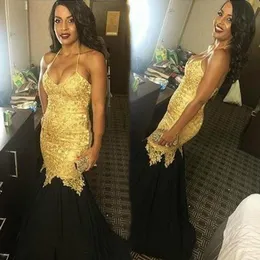 Sexy Mermaid Prom Dresses Black And Gold Backless Halter Lace-up Back Plus Size Special Occasion Dress 2021 Chiffon Lace Evening Gowns V62