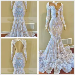 2022 Long Sleeves Sequins Mermaid Prom Dresses Sparking Backless Ruched Evening Gown Plus Size Formal Party Wear Gowns