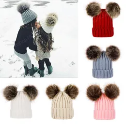 Children Baby Knitted Wool Hats Winter Knitted Solid Crochet Hat Warm Soft Pom Pom Beanies Double Hairball Hats Outdoor Slouchy Caps