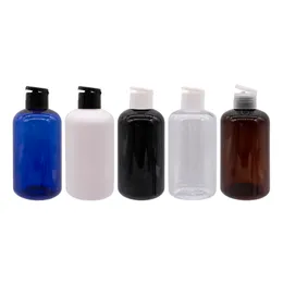 化粧品パッキングのための250mlの補充可能なプラットフリップキャップボトルの瓶の瓶の箱の箱の箱のプラスチックシャンプー容器ペット液石鹸クリームボトル