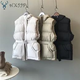 HXJJP Gilet da donna Gilet invernale Tasca con cappuccio Cappotto Gilet imbottito in cotone casual caldo Gilet femminile sottile senza maniche Cintura disponibile 201211