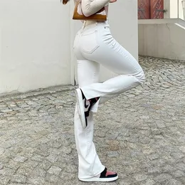 Wysoka talia damska dżinsy Y2K Moda Split Bottom Hem Skinny Denim Casual White Slim Fit Proste Spodnie Dziewczyna Spodnie 220310