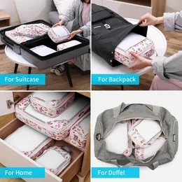 GLEX 6PCS Travel Compression Packing kuber Set Water Repellent Polyester Flower Printed Travel Clothes Organisatörer Bagagväskor T2260R