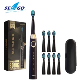 Seago Sonic Electric Toothbrush USB Uppladdningsbar 5 lägen Smart Ultraljud Tandborstar Travel Case Oral Care Borste 8 Tänder Heads 220224