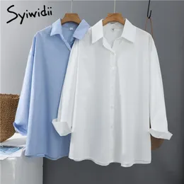 Syiwidii ​​Women Blauses Office Lady Cotton Oversize Plus Size Tops Pink White Blue Long Sleeve Spring Korean Fashion Shirts 220122