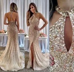 Vestidos de noite de sereia de champanhe Halter Halter Slit Slit Crystals Designer Prom Party GOWN Custom Made Plus Size formal OCN Wear vestidos 403