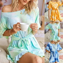 Kadınlar Rahat Moda Tulum Bayanlar Kravat Boyalı Örme Ruffled Tulum Yaz Baskı Kısa Kollu O-Boyun Geniş Bacak Baggy Playsuits T200704