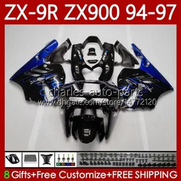 Kroppskit för Kawasaki Ninja ZX-9R ZX900 ZX 9R 9 R 900 CC 1994-1997 Bodys 100NO.51 ZX9 R 900CC ZX-900 ZX9R 94 95 96 97 ZX900C 1994 1995 1996 OEM Fairing Blue Flames Blk