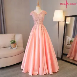 Beauty Emily Gorgeous Long Lace Appliques Pink Evening Dresses V Neck Sleeveless Pleated Prom Gown For Ceremony Party Dress 201114