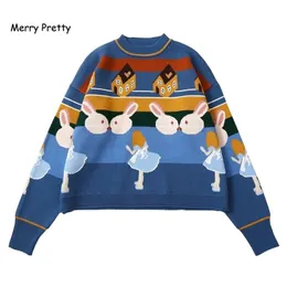 メリープリティ女性厚い暖かいセーター刺繍学生ジャンパーニットプルオーバー女性ドロップショルダー甘い面白いセーター20130