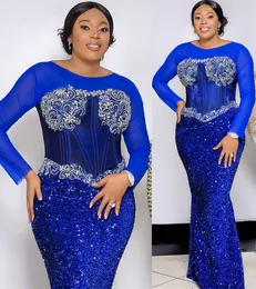 Plus Size Arabic Aso Ebi Royal Blue Mermaid Prom Dresses Beaded Crystals Evening Formal Party Second Reception Birthday Bridesmaid Engagement Gowns Dress ZJ54