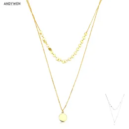ANDYWEN 925 Sterling Silver Gold Coins Pendant Choker Chain Beads Round Double Chain Coins Luxury Collar Women Fine Jewelrt Q0531