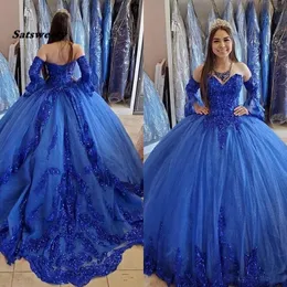 Princess Arabic Royal Blue Quinceanera Dresses 2021 Lace Applique Beaded Sweetheart Prom Dresses Lace-up Sweet 16 Party Dress