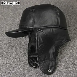 XdanqinX Genuine Leather Hat For Men Winter Warm Bomber Hats Earmuffs Plus Velvet Thick Sheepskin Hooded Ski Cap Dad Winter Caps Y200110