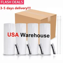 US STOCK 20oz Sublimation Water Bottles Straight Tumblers Blanks White 304 Stainless Steel Vacuum Insulated Slim DIY Cup Car Coffee Mugs