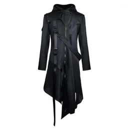 Męski płaszcz płaszcza męska gotycka czarna got Asymetryczna długa kurtka szczupła fit męka pasek z kapturem jesień jesień moda moda