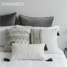 Dunxdeco 쿠션 커버 장식 베개 케이스 북유럽 기하학적 인 화이트 블랙 라인 Tassels 현대 홈 오피스 소파 의자 장식 Y200104