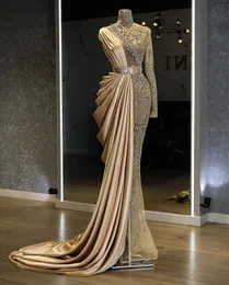 Ebi Aso 2021 Arabic Gold Luxurious Mermaid Evening Beaded Crystals Prom Dresses High Neck Formal Party Second Reception Gowns Zj366