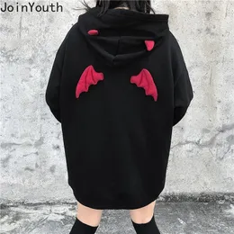 Joinyouth Plus Size Kobiety BF Styl Bluza Z Kapturem Devil Wing Causal Oversize Hoody Blue Jesień Zimowy Polar Zgnieć Bluzy 56709 201102