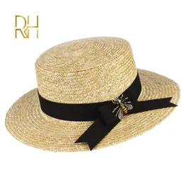 RH Summer Wheat Straw Flat Top Hat Natural Color Ladies Boater Visiera parasole Fedora Cap con decorazione ape Y200714