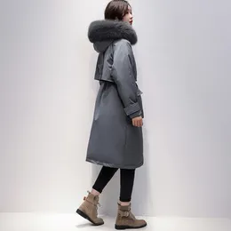 Fitaylor Large Real Fox Fur Collar Long Coat Winter Jacket Women 90% White Duck Down Thick Parkas Warm Sash Tie Up Snow Outwear 201103