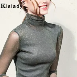Kisaldy Новый женский яркий шелковый топ, осенняя рубашка с высоким воротником и длинными рукавами, сексуальные сетчатые прозрачные блестящие рубашки для фитнеса 201029