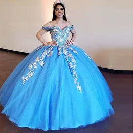 Kapalı Omuz Mavi Quinceanera Elbise Kraliyet Mavi Pageant Tatlı 16 Parti Abiye Vestidos De 15 Años Quinceañera 2021