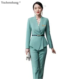 Green Women الرسمية السترة و Pant Suit Fusty V-Neck Jackets قطعتين تم تعيينهما لمكتب Work Work Hotel مقابلة Wear1