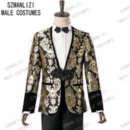 Szmanlizi 2020 Najnowszy Design Slim Fit Gold Flor Floral Stand Collar Groom Tuxedo Dla Mężczyzn Wesele / Bal Garnitury Męskie Garnitury z Spodnie
