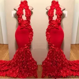 NEW! 2022 Red High Neck Prom Dresses Sexy Handmade Flowers Mermaid Evening Gowns Count Train Black Girls African Gown Backless Hollow Out BC1038 Xu