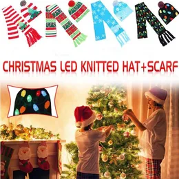 JUL LED LIGHT HAT SCARF SET SET Vuxen Winter Sticke Hat Scravies Cartoon Tree Xmas Sticked Beanie Scarf Set Festive Party Hats LSK1585