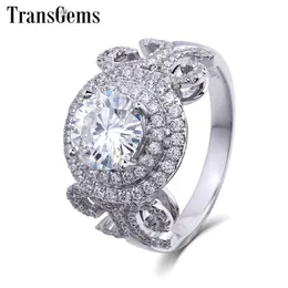 TransGems Luxury Solid Gold Engagement Ring Center 1ct Halo Moissanite Diamond Ring Geniune 14K White Gold Ring for Women Gift Y200620