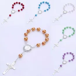 Imitation Pearl Beads Rosary Bracelet Catholic Prayer Christening Be Baptized Cross Pendants Bracelet Women Religion Jewelry