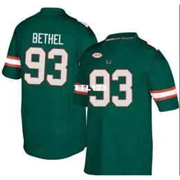 2019 New Player 3740 Miami Hurricanes PAT BETHEL # 93 REAL Full College College Jersey Smize S-4XL или пользовательское имя или номер Джерси